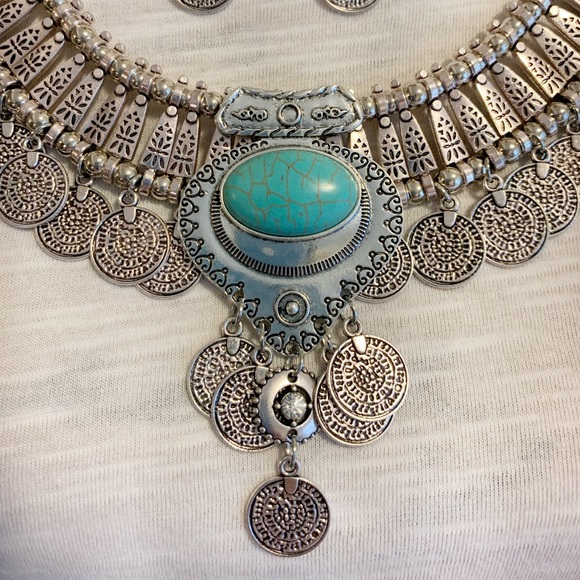 NWT Silver Coin Statement Necklace & Earrings Set with Turquoise Accent - Picture 6 of 14